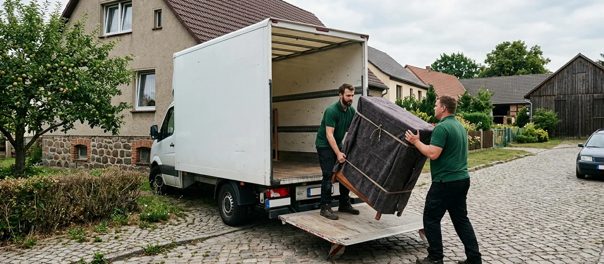 Zwei Männer in grünen Poloshirts schieben ein in eine graue Decke gewickeltes Möbelstück über die Ladebordwand in einen weißen Möbelwagen, der auf einer Kopfsteinpflasterstraße vor einem Einfamilienhaus mit Feldsteinsockel steht.