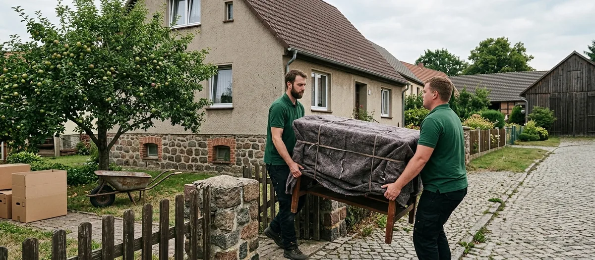 Zwei Träger in grünen Polohemden heben ein in Decken gewickeltes und mit Gurten verzurrtes Möbelstück über einen Lattenzaun mit Feldsteinpfosten, dahinter ein Wohnhaus, ein Apfelbaum und eine Schubkarre im Garten