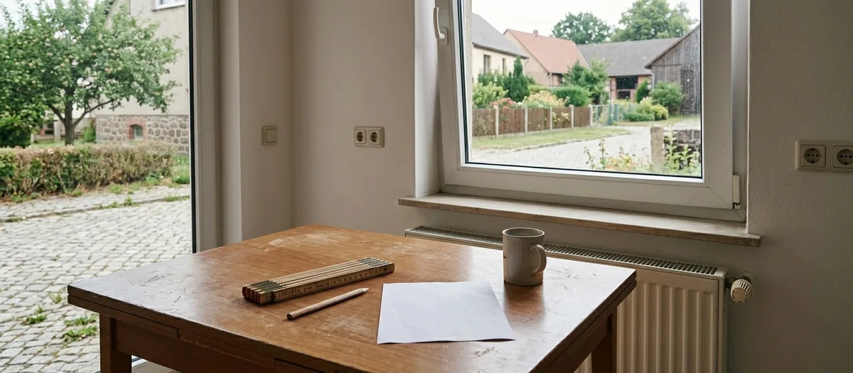 Alter Holztisch am Fenster eines leeren Zimmers, darauf ein zusammengeklappter Zollstock, ein Bleistift, ein leeres Blatt Papier und eine Tasse, draußen Kopfsteinpflaster und Dorfhäuser