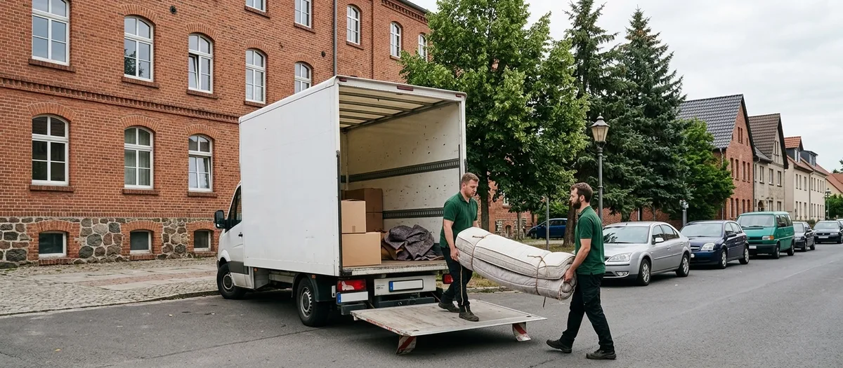Zwei Träger in grünen Polohemden bringen eine eingeschlagene Matratze zur Ladebordwand eines weißen Möbelwagens, der vor einem viergeschossigen Backsteinhaus an einer Straße mit parkenden Autos steht