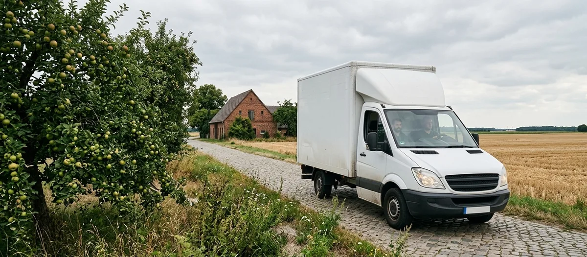 Weißer Kofferwagen mit zwei Männern im Fahrerhaus auf einem Kopfsteinpflasterweg zwischen einem Apfelbaum, einem abgeernteten Feld und einer alten Backsteinscheune unter bedecktem Himmel.